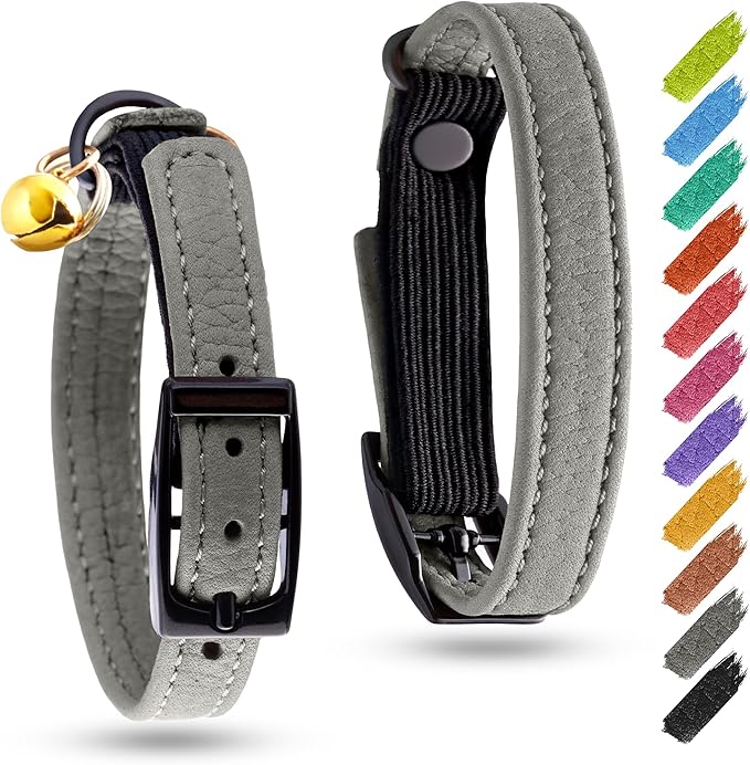 Leather Cat Collar with Bell & Elastic Strap - Pet Collar Leather - Leather Kitten Collar - Cats Small and Big Cat Collar for Boy Cats, Girl Cats with Safety Elastic Strap (Gray, 6" - 8")