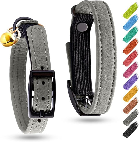 Leather Cat Collar with Bell & Elastic Strap - Pet Collar Leather - Leather Kitten Collar - Cats Small and Big Cat Collar for Boy Cats, Girl Cats with Safety Elastic Strap (Gray, 6" - 8")