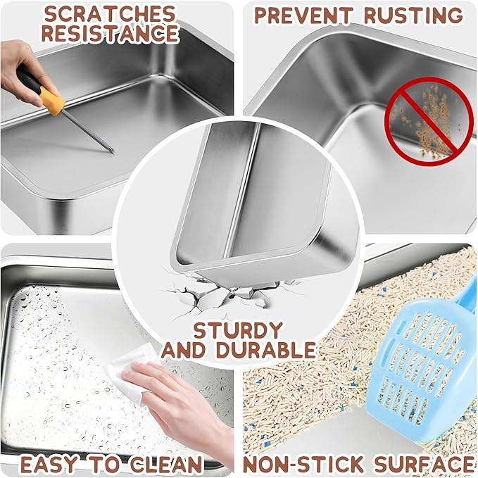 Stainless Steel Litter Box for Cats,17.7"×13.8"×2.8" Metal Litter Pan Low Entry for Small Kittens and Senior Cat,Shallow Litterbox for Guinea Pig,Puppy,Hamsters Toilet