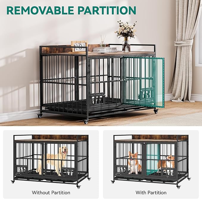 YITAHOME 37.5'' Heavy Duty Dog Crate with Removable Divider, Double Doors & Locks Design, Furniture Style Large Dog Crate with 360° Rotatable Dog Bowls & 360° Wheels & 2 Trays for Small/Medium Dog