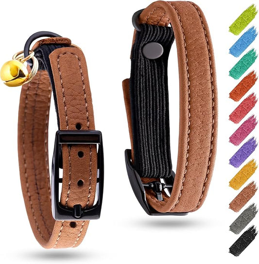 Leather Cat Collar with Bell and Safety Elastic Strap Breakaway Alternative for Small & Large Kittens, Stylish Pet Leather Collar for Boy, Girl Cats with Metal Buckle & QR ID Tag (Brown)