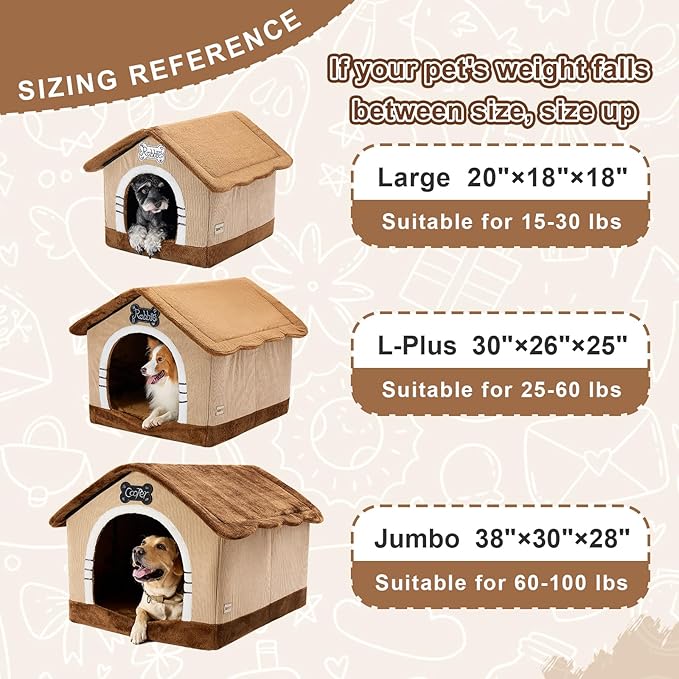 Jiupety Indoor Dog House with Frame, Large Dog Cave Bed, Insulated Cozy, Suitable for 60-100 lb, Jumbo (38"×30"×28"), Brown
