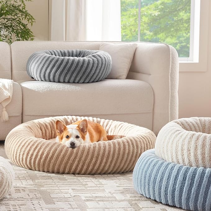 MIXJOY Donut Medium Dog Beds Medium Sized Dogs, Round Pet Beds with Removable Washable Cover, Faux Fur Cat Bed with Anti-Slip Bottom, 30"x30"x8", Blue