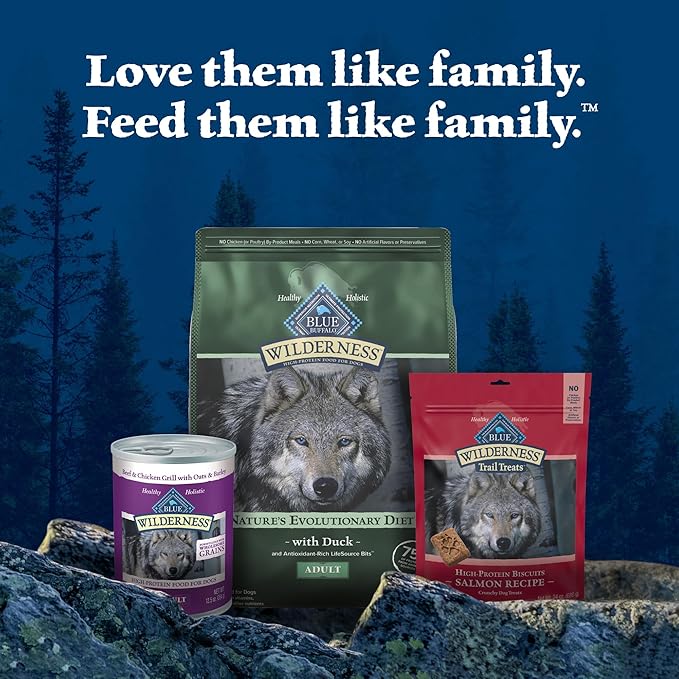 Blue Buffalo Wilderness Natural High-Protein Dry Food for Adult Dogs, WITH WHOLESOME GRAINS, Duck, 24-lb Bag.