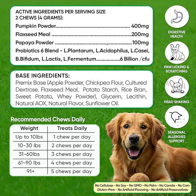 Probiotics for Dogs - Digestive Enzymes Gut Flora, Digestive Health, Immune System - Diarrhea Support, Itchy Skin, Allergies - Pumpkin, Flaxseed Meal, Papaya Powder - Probiotic Chews for Dogs