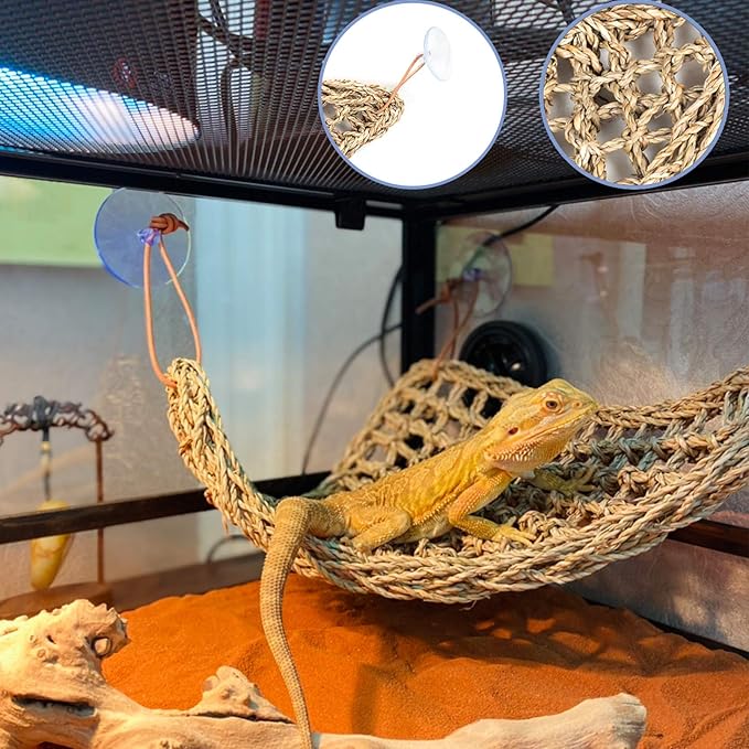 PINVNBY Bearded Dragon Habitat Decoration,Reptiles Hammock Natural Seagrass Lizard Lounger Bridge Coconut Shell Hut Hideout Cave Jungle Climber Terrarium Accessories for Gecko Chameleon Snakes(5 Pcs)