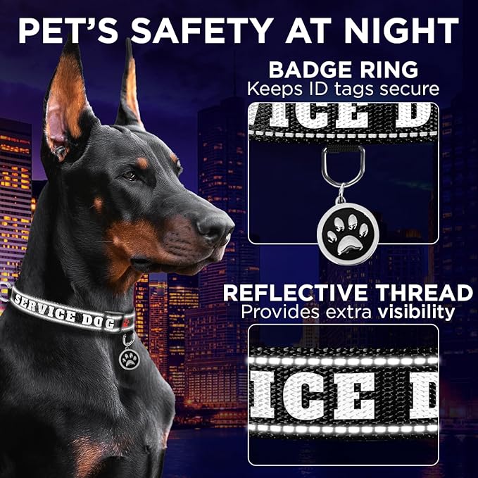 TECEUM Reflective Pet Collar β Black - Service Dog β S β Extra Soft Padding β Basic Nylon Dog Collar β Quick Release Buckle β Fits Small, Medium and Large Dogs, Puppies, Cats
