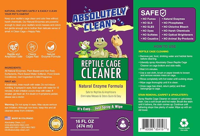 Absolutely Clean Amazing Reptile & Amphibian Terrarium Cleaner and Odor Eliminator - Just Spray/Wipe - Safely & Easily Removes Reptile & Amphibian Messes - USA Made