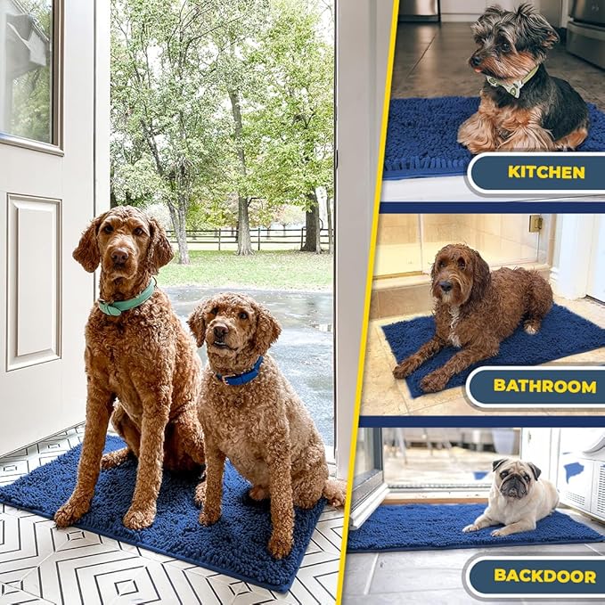 Muddy Mat® AS-SEEN-ON-TV Highly Absorbent Microfiber Dog Door Mat and Pet Rug, Non Slip Thick Washable Area and Bath Mat Soft Chenille for Kitchen Bathroom Bedroom and Indoor - Navy Blue Large 35"X24"