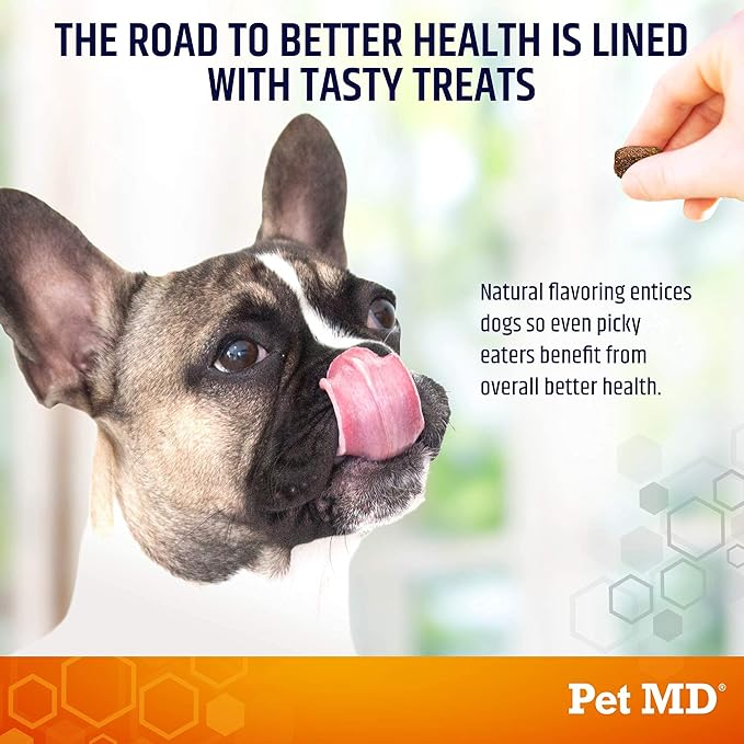 Pet MD Salmon Omega Bites for Dogs - Skin and Coat Supplement with Omega 3 & 6 for Dogs Plus DHA & EPA - Promotes Allergy & Dry Skin Relief - 120 ct