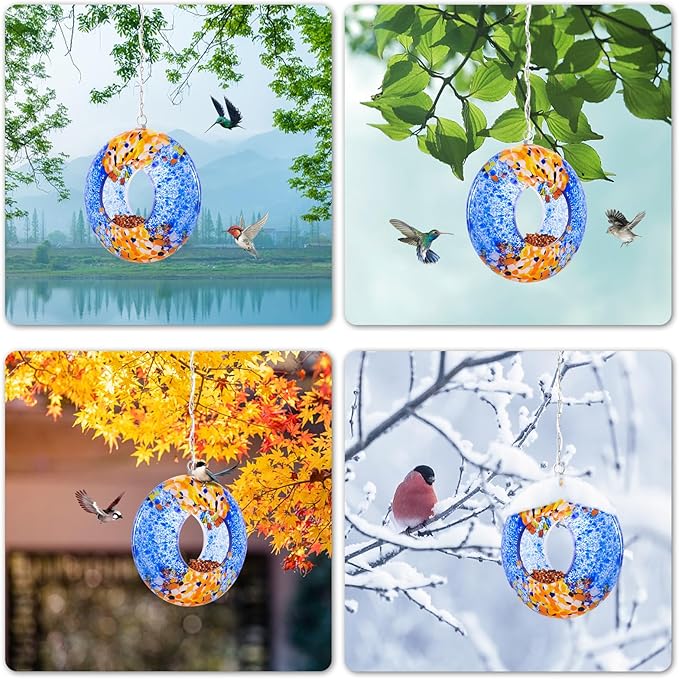 VCUTEKA Bird Feeder Solar Fly Through Bird Feeders for Outside Hanging with Round Shape Glass Container to Attract Wild Birds for Garden Decor, Solar Birdfeeder as Gift for Lovers, Multi 8-Inch