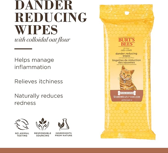 Burt's Bees for Pets Cat Dander Wipes with Colloidal Oat Flour, 98% Natural Origin Formulas, Cats Dandruff Remedy, Feline Cleansing Sheets for Allergy Relief, 3pk, 50ct