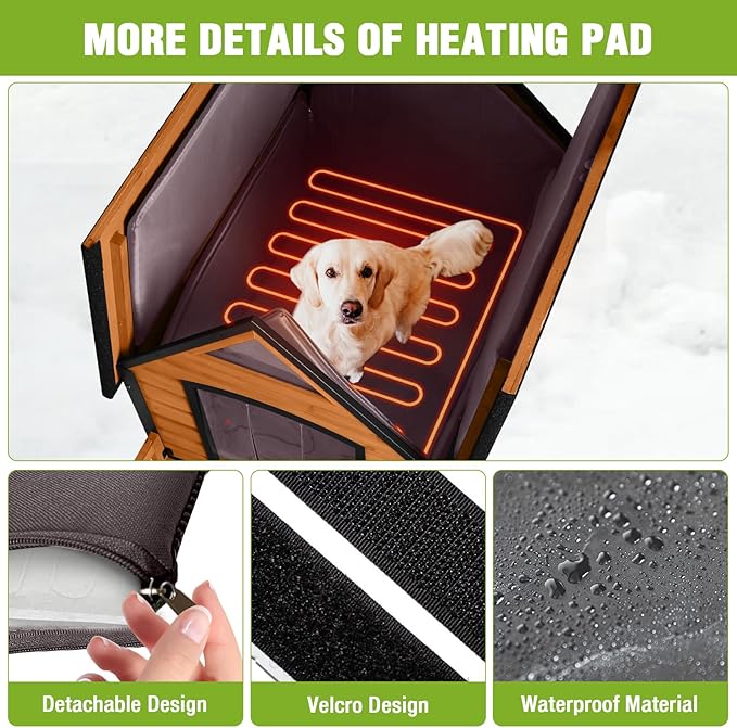 GUTINNEEN Heated Outdoor Dog House Insulated Weatherproof Dog Kennel with All-Around Metal Frame, Anti-Bite Puppy Home with Porch, Dog Shelter for Large Breed (Brown, 50.9'' Large)