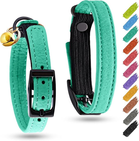 Leather Cat Collar with Bell & Elastic Strap - Pet Collar Leather - Leather Kitten Collar - Cats Small and Big Cat Collar for Boy Cats, Girl Cats with Safety Elastic Strap (Mint, 6" - 8")