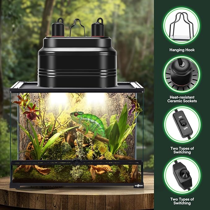 Dual Reptile Light Fixture with Thermostat Switch and Independent Switch, Deep Dome Reptile Heat Lamp Fixture Optical Reflector Lampshade for Bearded Dragon, Amphibians, Tortoise (Max 100W)