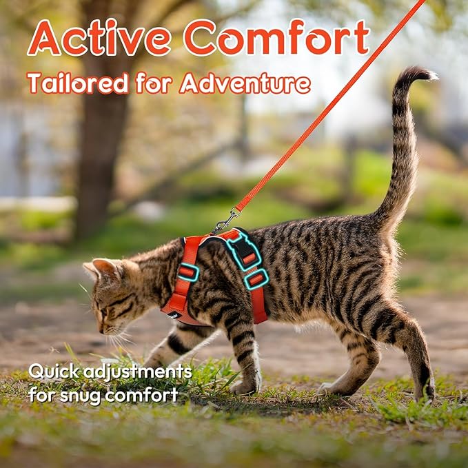 Dooradar Cat Harness and Leash Set, Escape Proof Safe Adjustable Kitten Vest Harnesses for Walking, Easy Control Soft Breathable Mesh Jacket with Reflective Strips for Cats, Reddish Orange, S