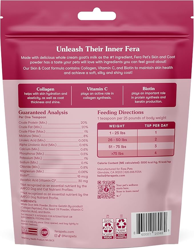 Fera Pet Organics Skin & Coat Goat Milk Cat & Dog – Vet Created - Pet Coat Thickness & Skin Hydration - Collagen, Biotin & Vitamin C - 60 Servings