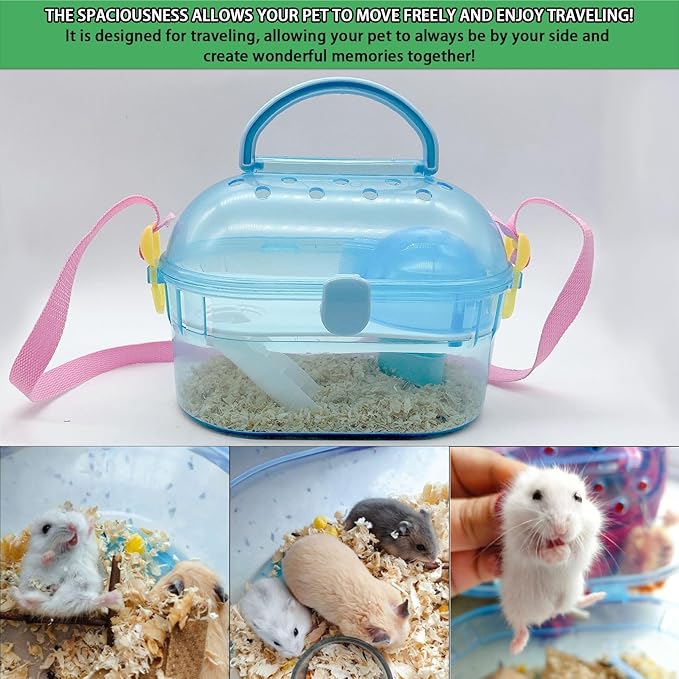 Portable Hamster Cage Syrian Hamster Carry Travel Cage with Water Bottle Food Bowl Adjustable Strap Small Animals Outgoing Cages for Gerbil Squirrel Guinea Pig Chinchilla Hedgehog Blue