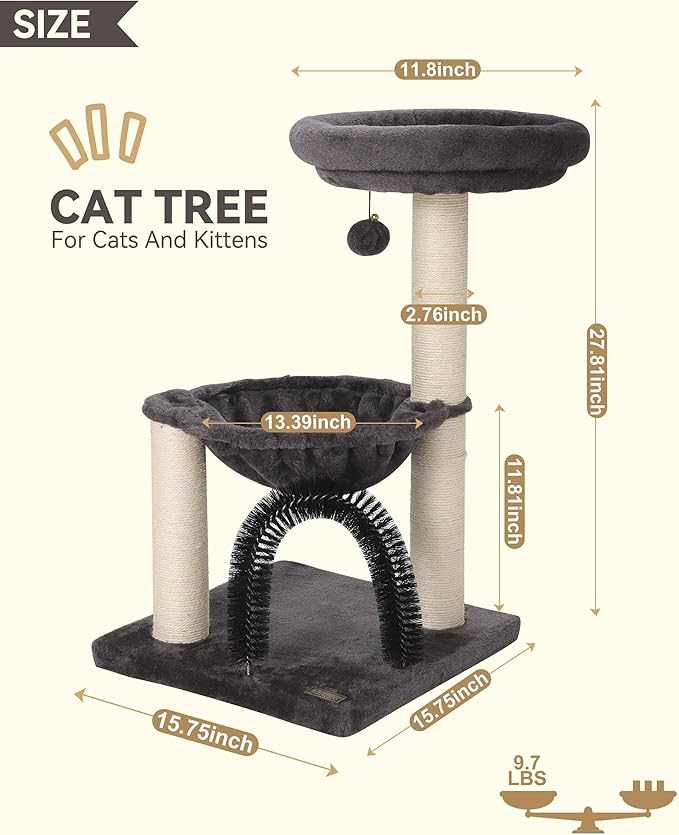 Simple Deluxe Small Cat Tree Tower for Indoor Cats, 5-in-1 27.8" Multi-Level Cat Tree with Scratching Posts, Plush Hammock, Perch, Self Groomer Brush, Dangling Ball for Kittens/Small Cats Play&Rest