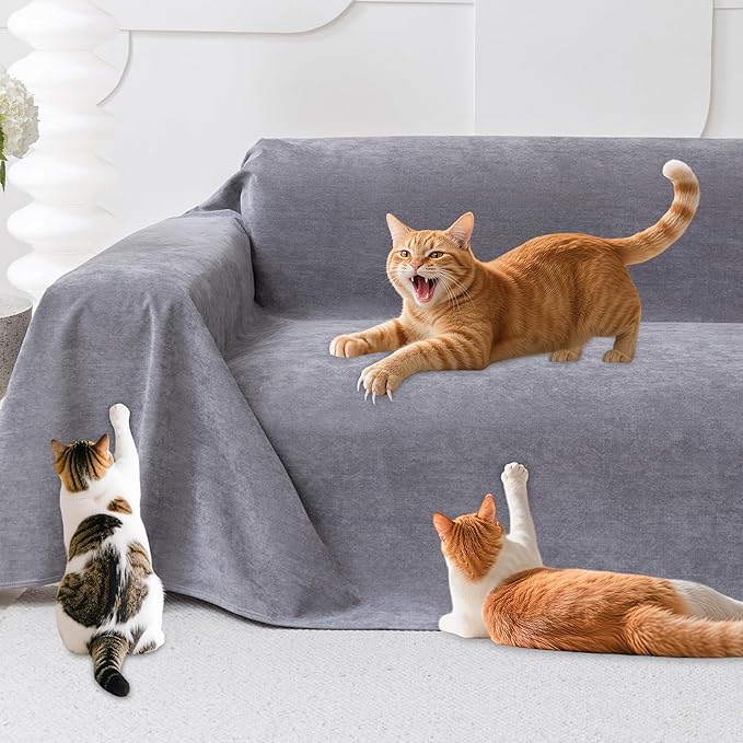 Loiion Cat Scratch Furniture Protector - Anti-Slip, Waterproof Sofa Cover to Keep Cats Off, Pet-Friendly Couch Protectors for 3 Cushion Couch, Gray Anti-Scratch Couch Cover for Pets and Kids 134"X71"