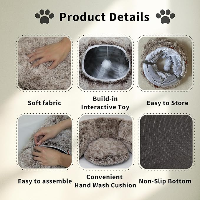 Cat Tunnel Bed for Indoor Cats with Washable Cushion Cat Cave Donut Tunnel with Fluffy Ball Big Round Tube Pet Playground Toys Soft Plush Peekaboo for Kitten, Cat, Puppy, Rabbit, Ferret(Brown)
