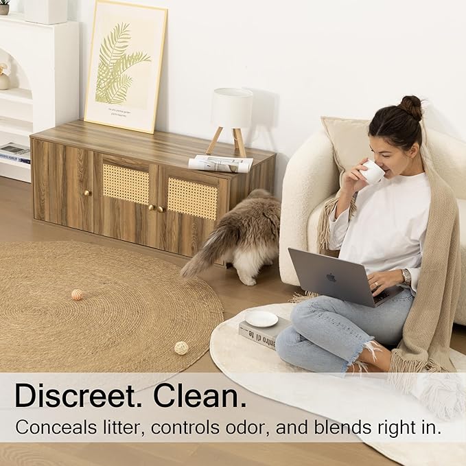 Wooden Cat Litter Box Enclosure with Storage Compartment with Adjustable Divider, Hidden Litter Box Furniture and Hall Table, Cat Box Enclosure, 42.5''L*18.5W*16.9H (Pine, Rattan)