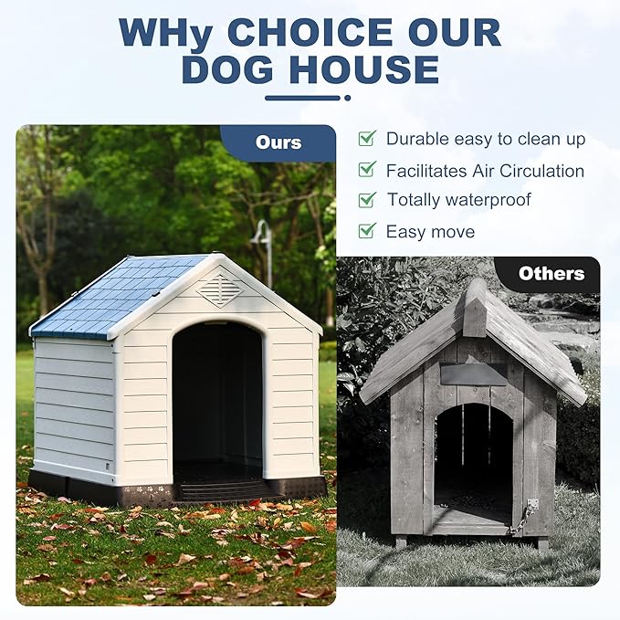 Plastic Dog House, Insulated Doghouse Puppy Shelter, Water Resistant Easy Assembly Sturdy Dog Kennel with Elevated Floor and Air Vents, Ventilate for Small to Large Sized Dogs (29-Inch, Blue)