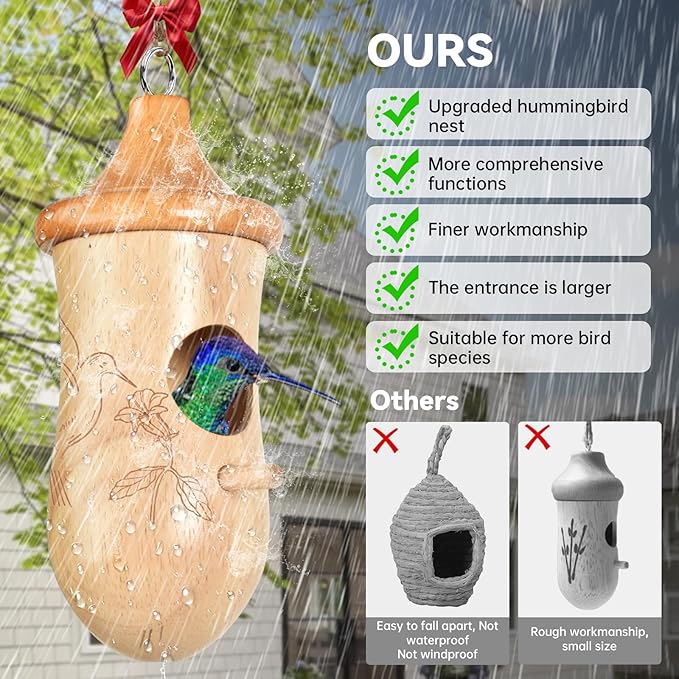Hummingbird House, Solid Wood Hummingbird Houses for Outside-Exquisitely Handcrafted Birdhouse with Ribbon and String Hanging Kit, Durable Garden Decor, Perfect Gardening Gift (Style-ABC, 3 Pack)