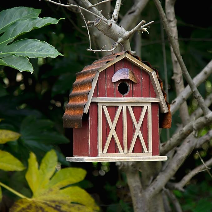Glitzhome 10.25" H Hanging Birdhouse Rustic Wooden Barn Garden Bird House for Outdoor