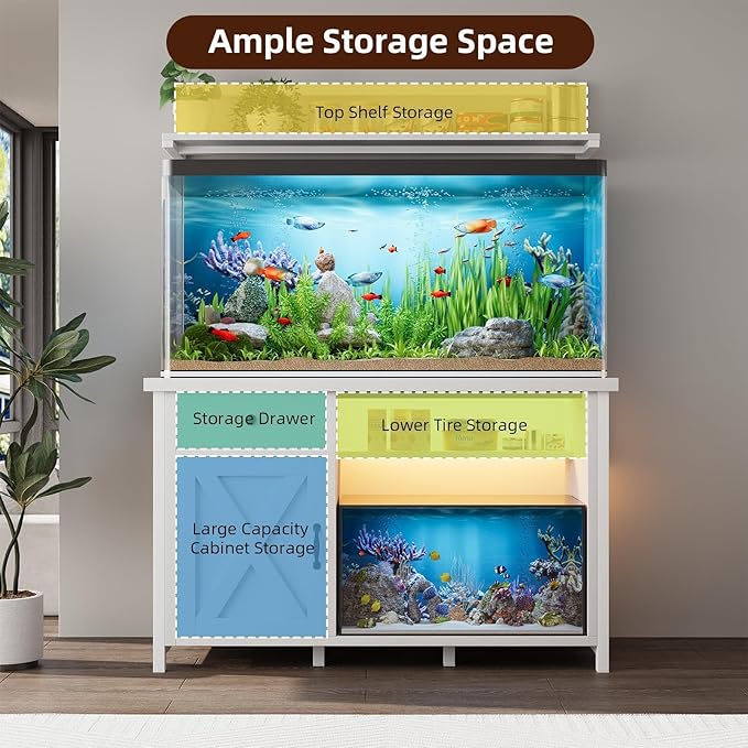 4ever2buy 55-75 Gallon Fish Tank Stand with Power Outlet, Led Light, Heavy Duty Aquarium Stand with Cabinet for Fish Tank Accessories Storage, Shelf, for Turtle Tank, Reptile Terrarium, 1100LBS, White