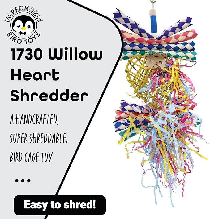 1730 Willow Heart Shredder Bird Toy with Finger Traps, Crinkle Paper and Woven Willow – Handcrafted Great for Parrotlets, Lovebirds, Conures and Budgies, Shredding Fun