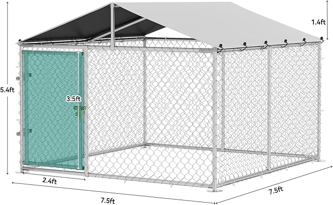 DWVO Outdoor Dog Enclosure with Roof, 7.5'x7.5' Dog Kennel Outside with Metal Gate, Dog House Large Dogs for Yard