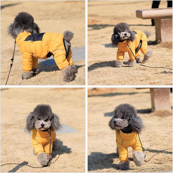 Lovelonglong Dog Coat Dog Warm Jacket, 4 Legs Covered Waterproof Windproof Reflective Warm Dog Vest, Zippered Adjustable Outdoor Dog Snow Jacket for Small Medium Large Dogs Yellow XXL