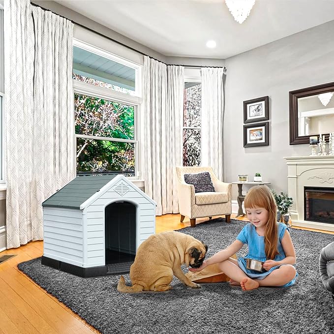 YITAHOME Large Plastic Dog House Outdoor Indoor Doghouse Puppy Shelter Water Resistant Easy Assembly Sturdy Dog Kennel with Air Vents and Elevated Floor