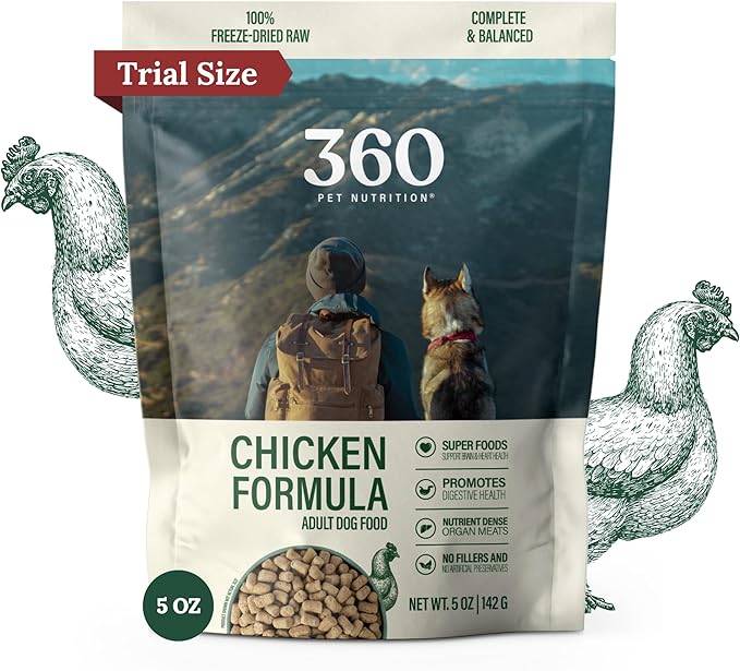 360 Pet Nutrition Freeze-Dried Raw Dog Food, High Protein, Balanced Meal, Chicken, Liver, Heart, Fruit, Veggies, Superfoods, No Fillers, 5 oz Food/Bites/Kibble Trial Size (Chicken) Made in USA