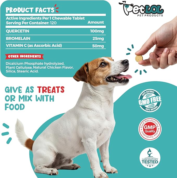 Quercetin for Dogs with Bromelain & Vitamin C - Allergy & Itch Relief, Immune & Inflammatory Support - 120 Chewable Tablets Made in USA