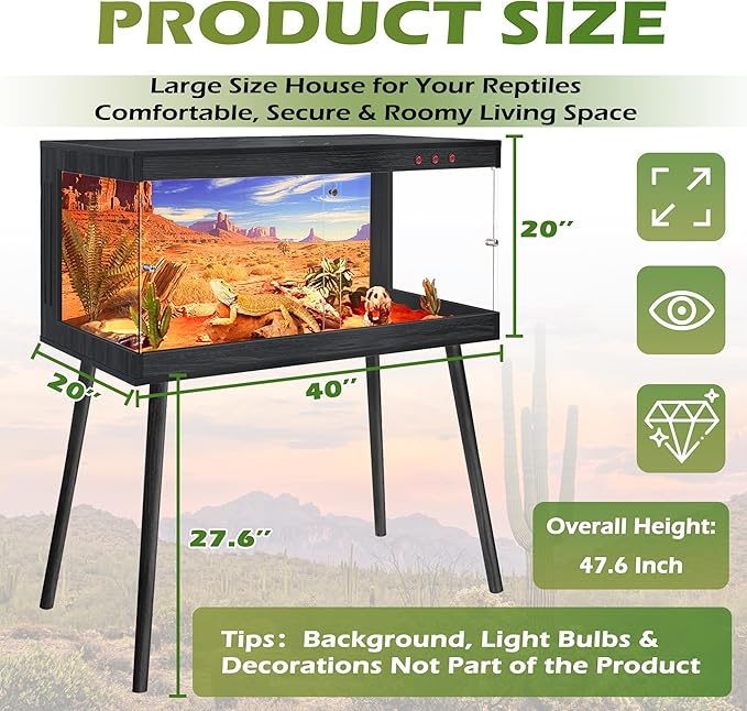 Royxen Tempered Glass Bearded Dragon Tank,65 Gallons Reptile Tank with Leg Stand,Built-in Lighting Reptile Enclosure Scartch-Proof Bearded Dragon Encloure for Chameleon,Snake(Black,40"x 20"x 20")