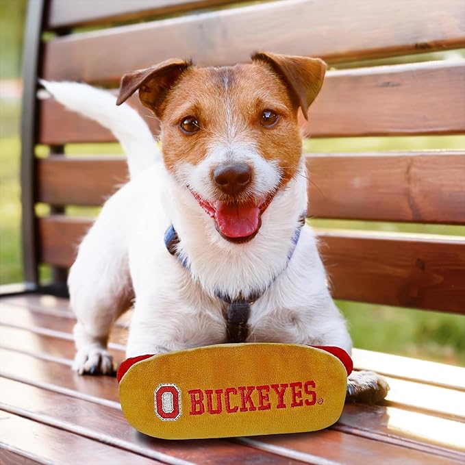 NCAA Ohio State Buckeyes HOT Dog Plush Dog & CAT Squeak Toy- Cutest HOT-Dog Snack Plush Toy for Dogs & Cats with Inner Squeaker & Beautiful Football/Basketball Team Name/Logo