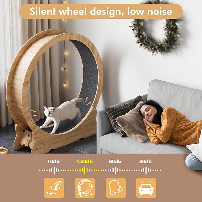 Cat Exercise Wheel, 43.3 inch Cat Wheel for Indoor Cats with Carpeted Runway, XL Treadmill with Removable Carpet and Teaser, for Running Walking Training (Natural Wood)