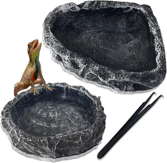 2 Pack Reptile Water Dish - Reptile Water and Food Bowls with Tongs Imitating Natural Rock,Breadworm Feeding for Leopard Gecko Lizard Spider Scorpion Chameleon (2Pcs Square+Round)