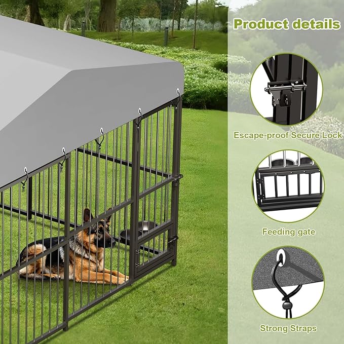 10X10x6FT Large Outdoor Dog Kennel with Swivel Feeder & UV-Resistant Waterproof Roof Covered, Heavy Duty Dog Cage Playpen for Medium and Large Dogs, Easy Assembly