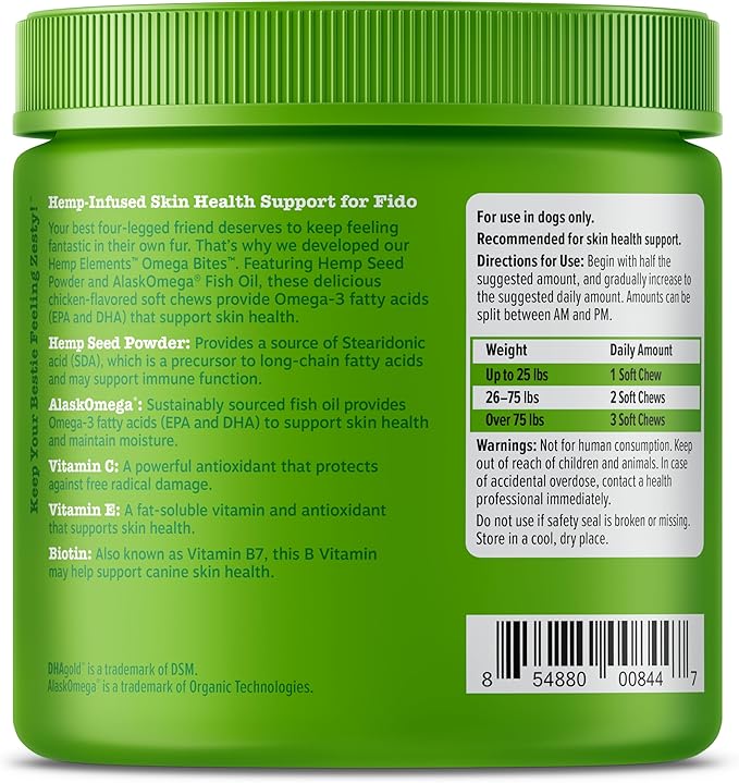Zesty Paws Skin & Coat Bites for Dogs – Fish Oil Soft Chews with Omega-3 Fatty Acids EPA & DHA - Skin, Coat, Antioxidant & Immune Support - Hemp - 90 Count