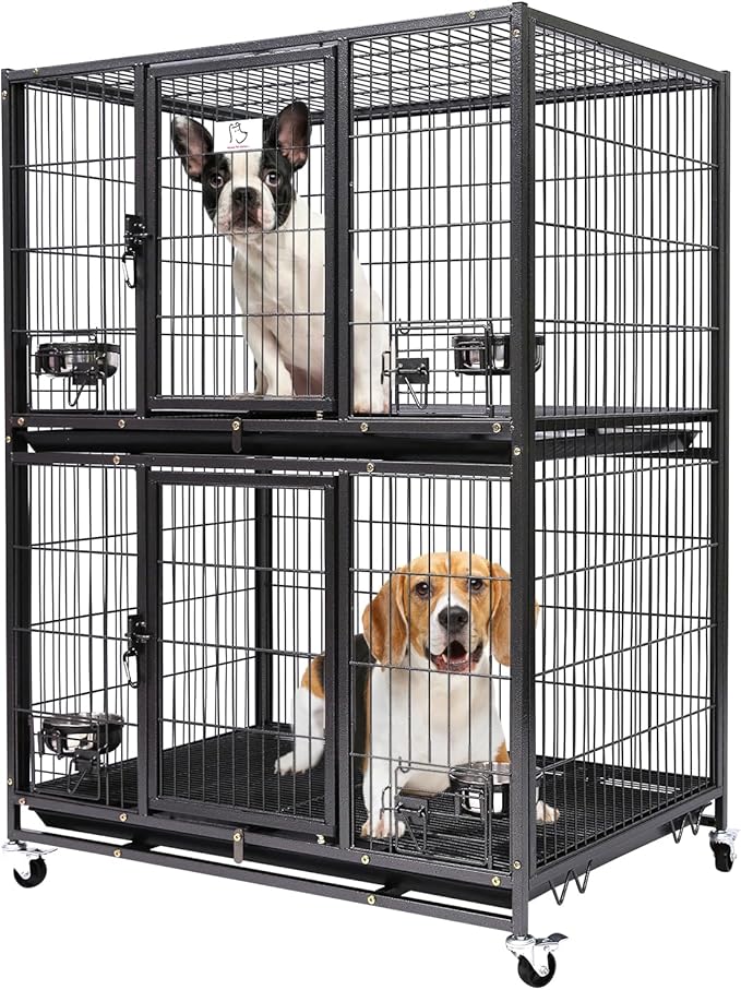 Homey Pet Two Tiers 37 Inch Dog Crate Cage Kennel with Feeding Door and Bowls, Lockable Wheels and Removable Tray, Escape Proof Metal Wire Heavy Duty Dog Crates for Medium/Small Sized Dogs (2 Pack)