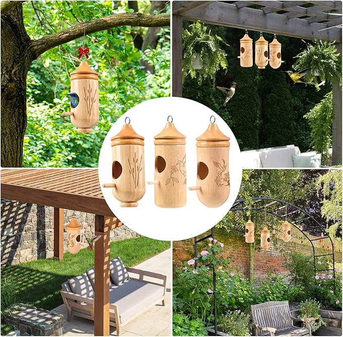 Hummingbird House, Solid Wood Hummingbird Houses for Outside-Exquisitely Handcrafted Birdhouse with Ribbon and String Hanging Kit, Durable Garden Decor, Perfect Gardening Gift(Style-EFG, 3 Pack)