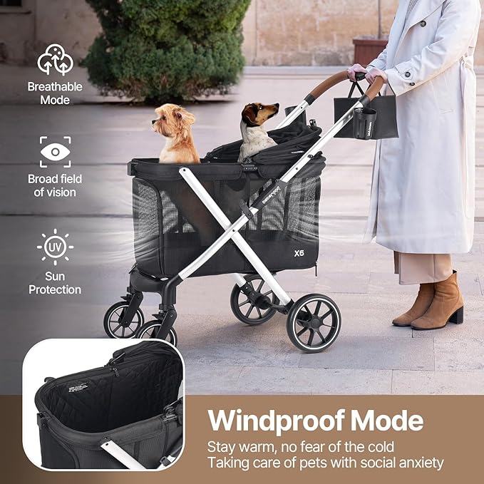 X6 Luxury Dog Stroller for Medium Dogs up to 66 lbs, Dog Wagon with 180° Canopy, One-Second Fold Design, 4-Wheel Shock Absorption (Black)