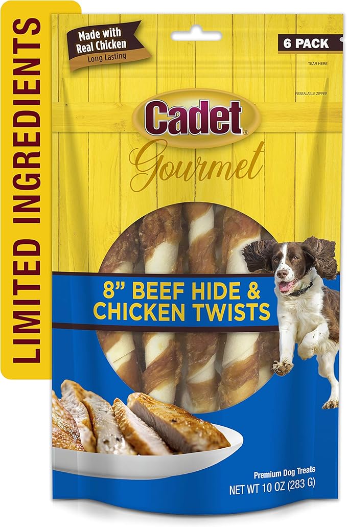 Cadet Gourmet 8-Inch Beef Hide Twist Chew Sticks, Long-Lasting and Natural Rawhide Chews for Dogs, Inspected & Tested in USA, Chicken Flavor, 6 Count