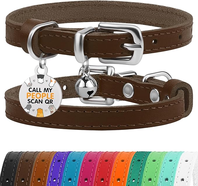 BRONZEDOG Leather Cat Collar with Removable Bells Non Breakaway Kitten QR Tag for Girl Boy (9" - 12" Cats/Mini Dogs, Brown & Silver)