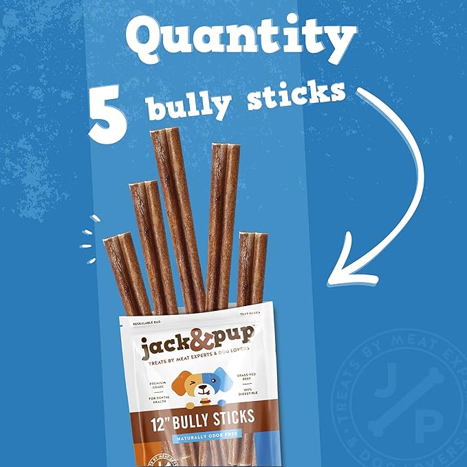 Jack&Pup 12 Inch Bully Sticks for Large Dogs (5 Pack) Thick Odor Free Bully Sticks, Long Lasting Pizzle Sticks for Dogs
