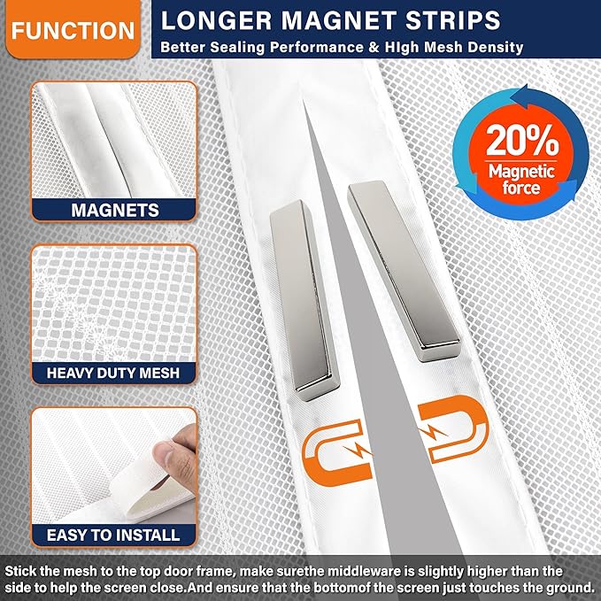 Magnetic Screen Door, Heavy Duty Door Screen Magnetic Closure Keep Bugs Out,Pet & Kid Friendly,Hands Free Door Screen Fit Door Size 32 x 80 Inches White