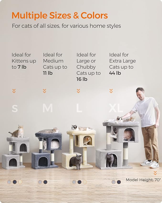 Feandrea Cat Tree, 33.1-Inch Cat Tower, L, Cat Condo for Large Cats up to 16 lb, Large Cat Perch, 2 Cat Caves, Scratching Post, Light Gray UPCT61W